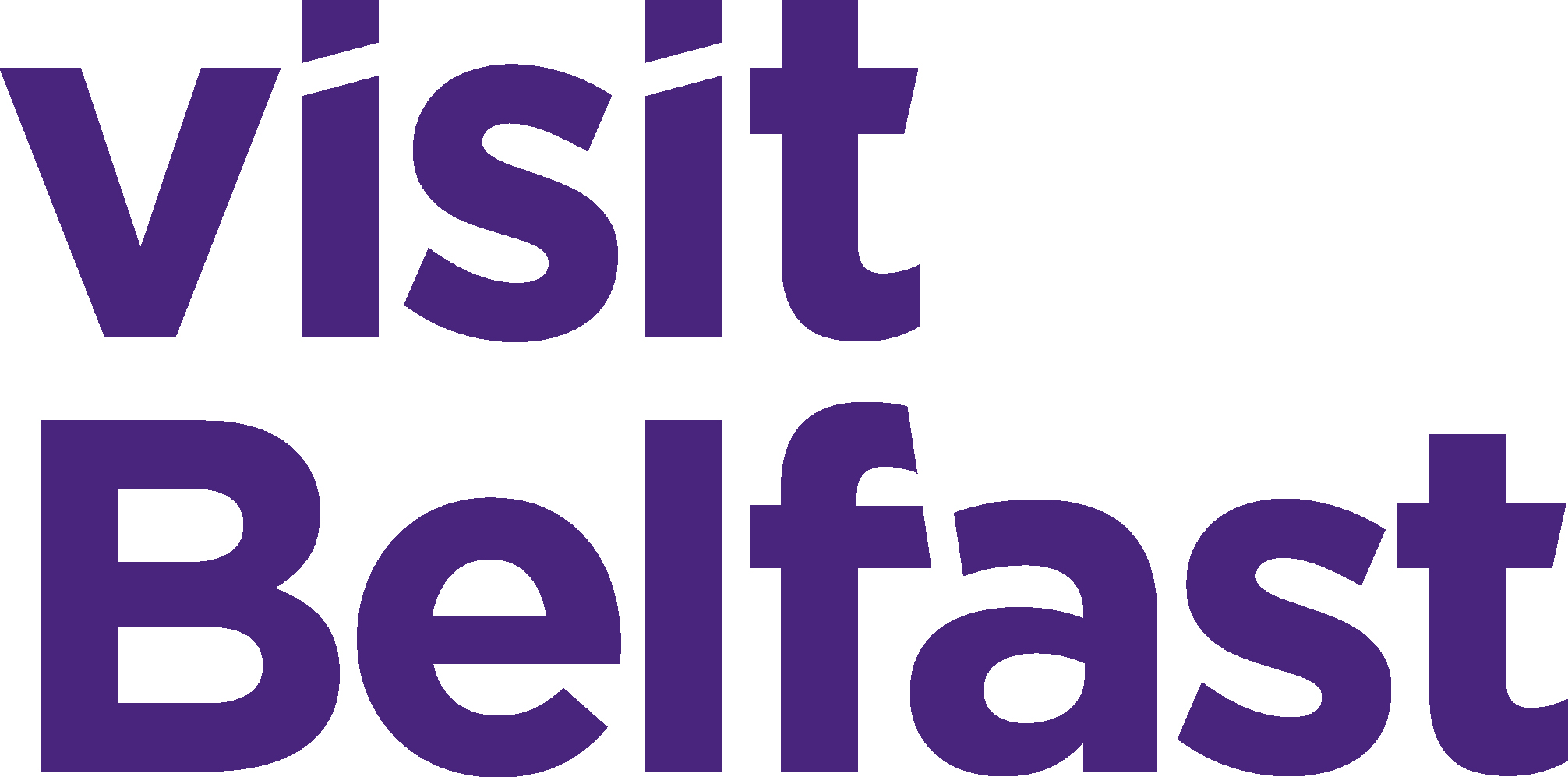 The logo for Visit Belfast. It is the words visit Belfast in purple font.